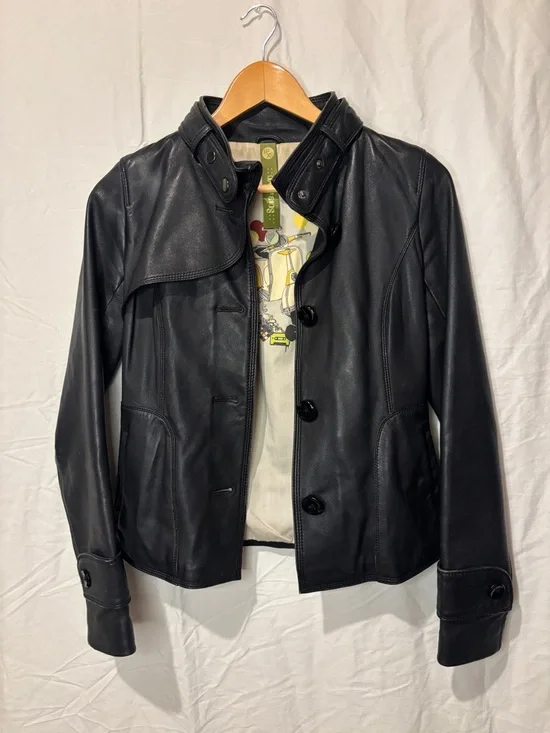 Soia & Kyo Black Genuine Leather Jacket XS Hip Length Button Front Designer - Picture 7 of 14